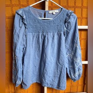 LOFT Chambray Blue Embroidered Blouse